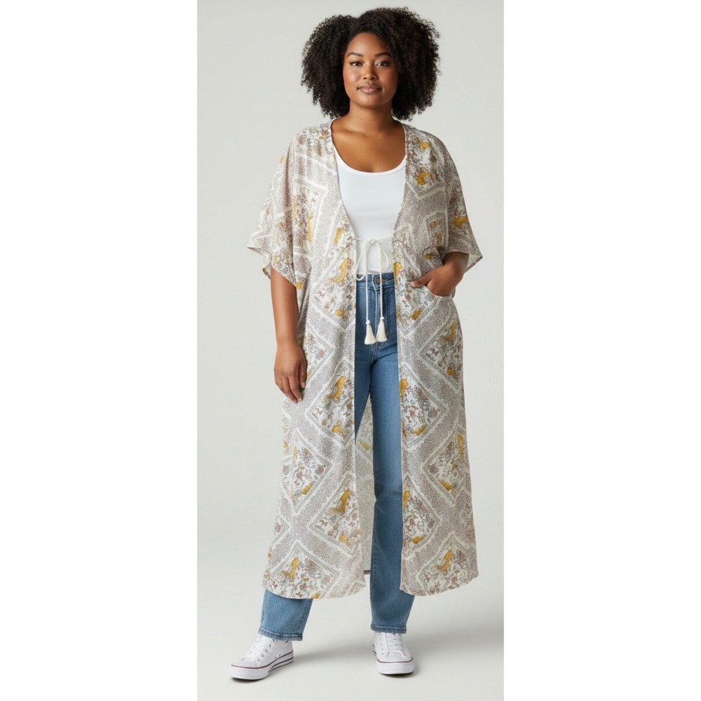 Xhilaration Kimono Maxi Dress Women XL/XXL Cream Yellow Butterfly Boho Excellent